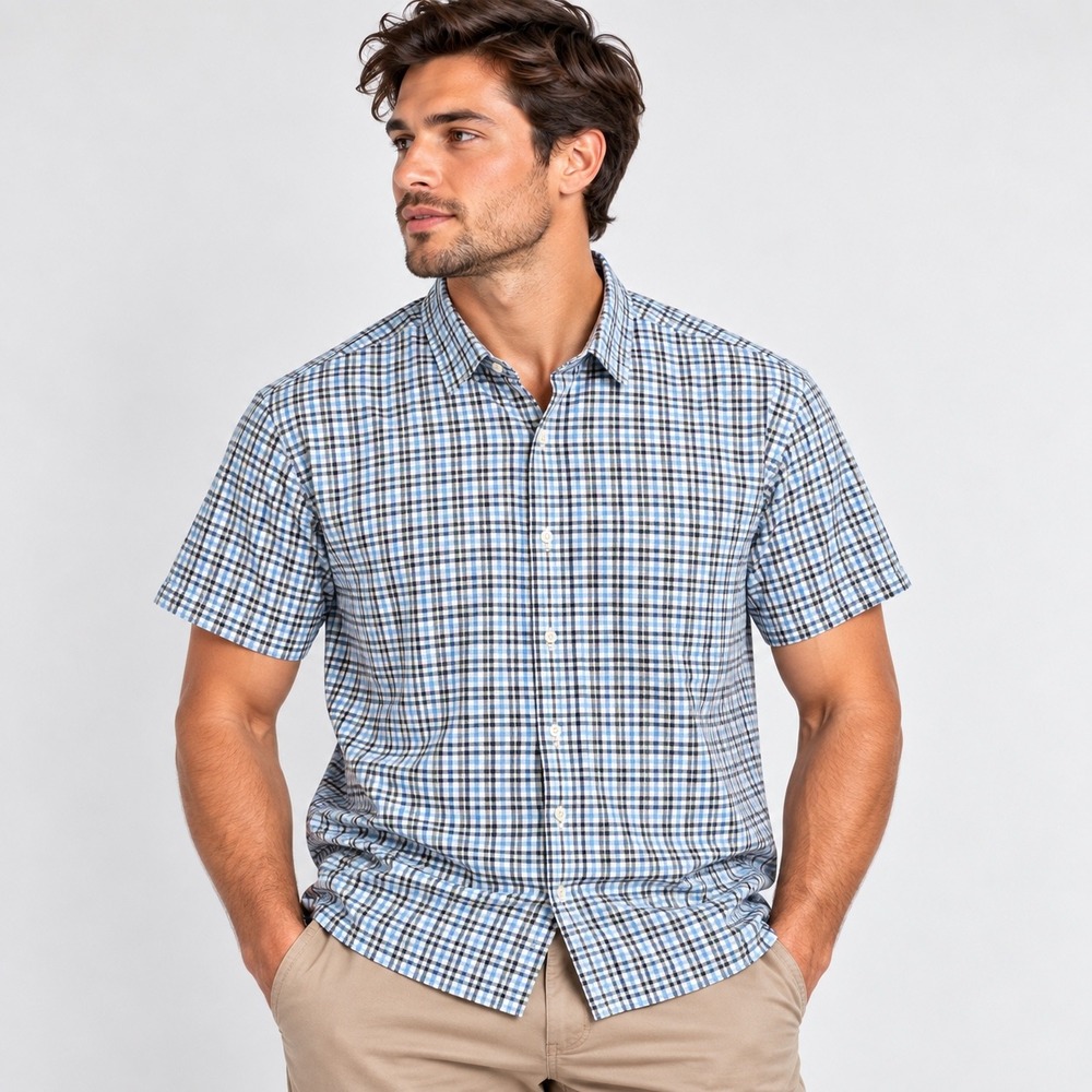 Duluth Trading Co Mens 3XL Blue Plaid Short Sleeve Button Down Cotton Shirt